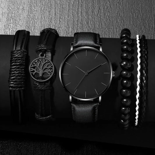 Set de 5 Piezas: Relojes Deportivos de Moda para Hombre, Reloj de Pulsera de Cuarzo para Negocios, Pulsera de Cuero de Lujo, Reloj Casual para Hombre